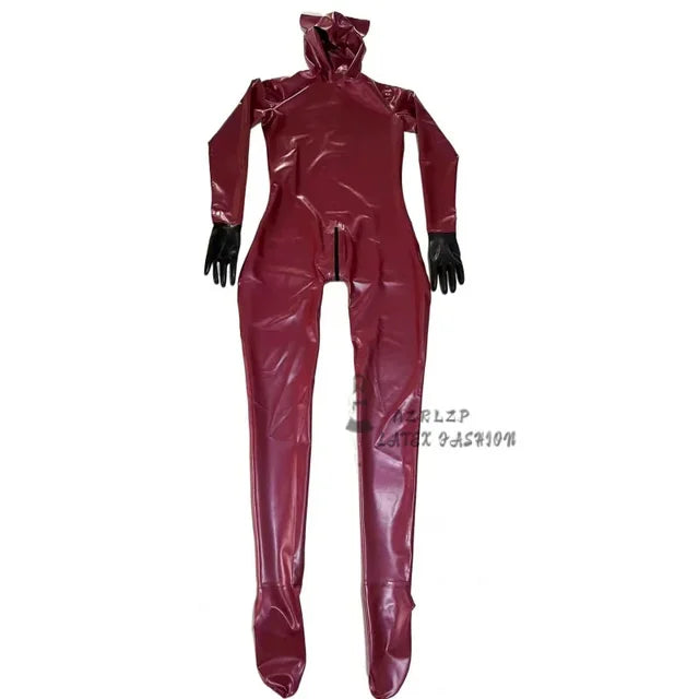 Latex Catsuit Bodysuit Full Cover Latex Suit With  Hood Glooves Socks Cat'S Ears Face Shield