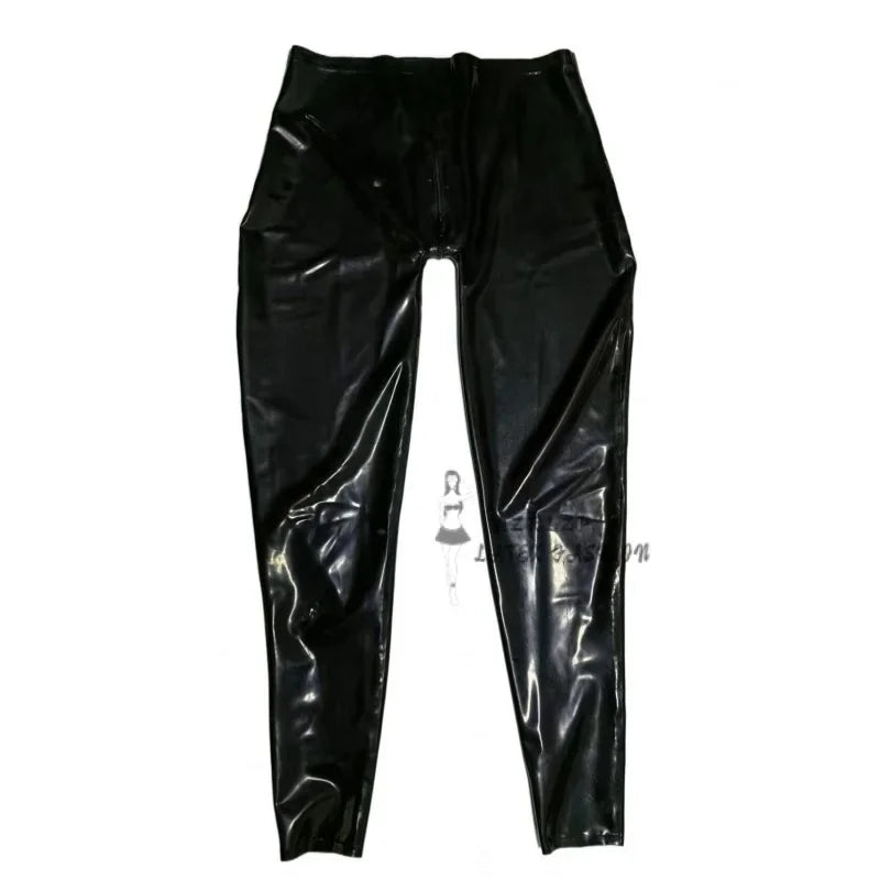 Men Rubber Trousers Bottoms Latex Leggings Pants Crotch Zipper