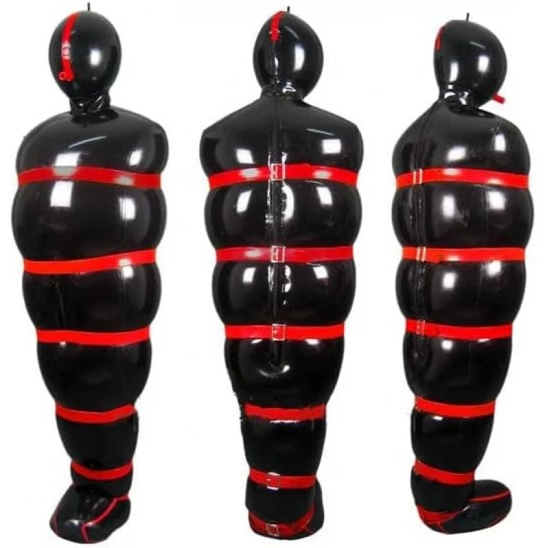 Sexy Full Body Black Latex Catsuit Inflatable Sleeping Sack Bag with Red Straps and Zipper