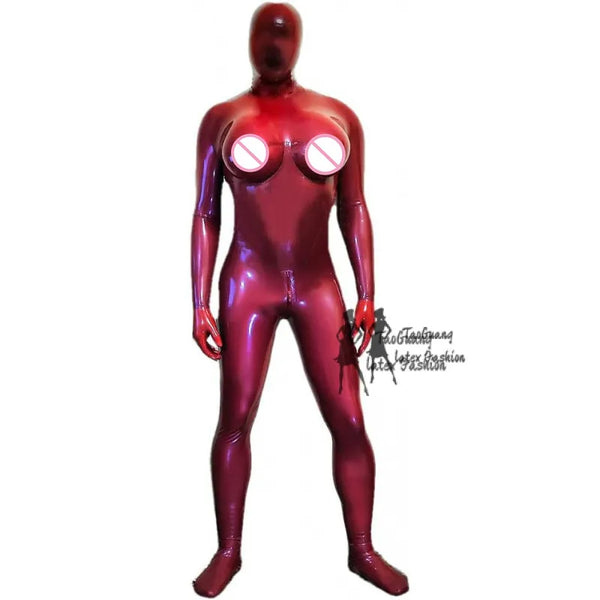 Sexy Men Latex Full Body Catsuit Rubber Bodysuits Hood Fake Breast Pocket Crossdress with Crotch Zipper