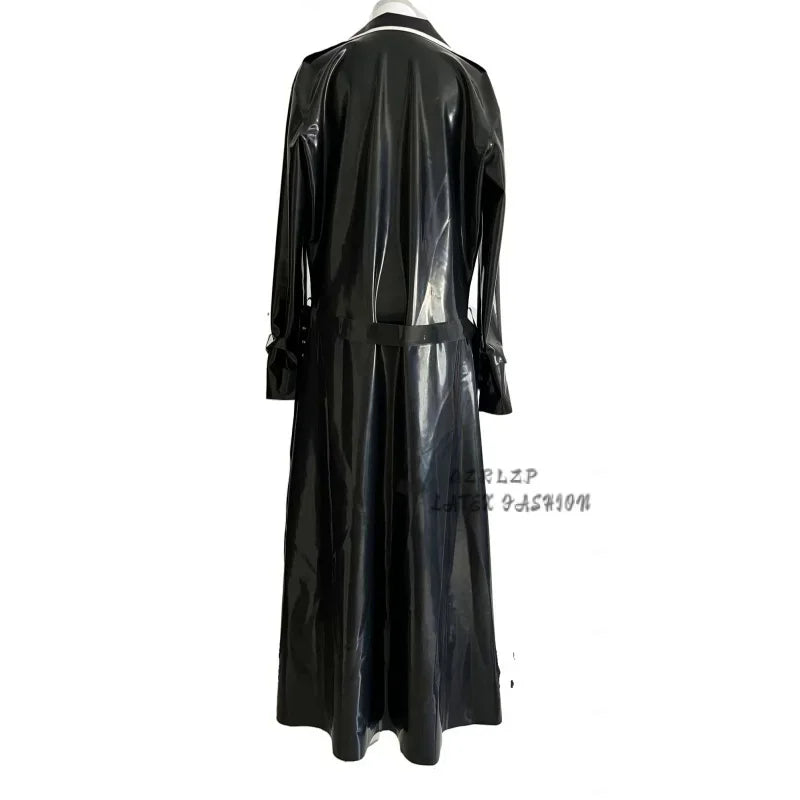 Latex Coat Rubber Unisex Black Cool Windbreaker Jacket With Belt Over The Knee Longer Outerwear Trench