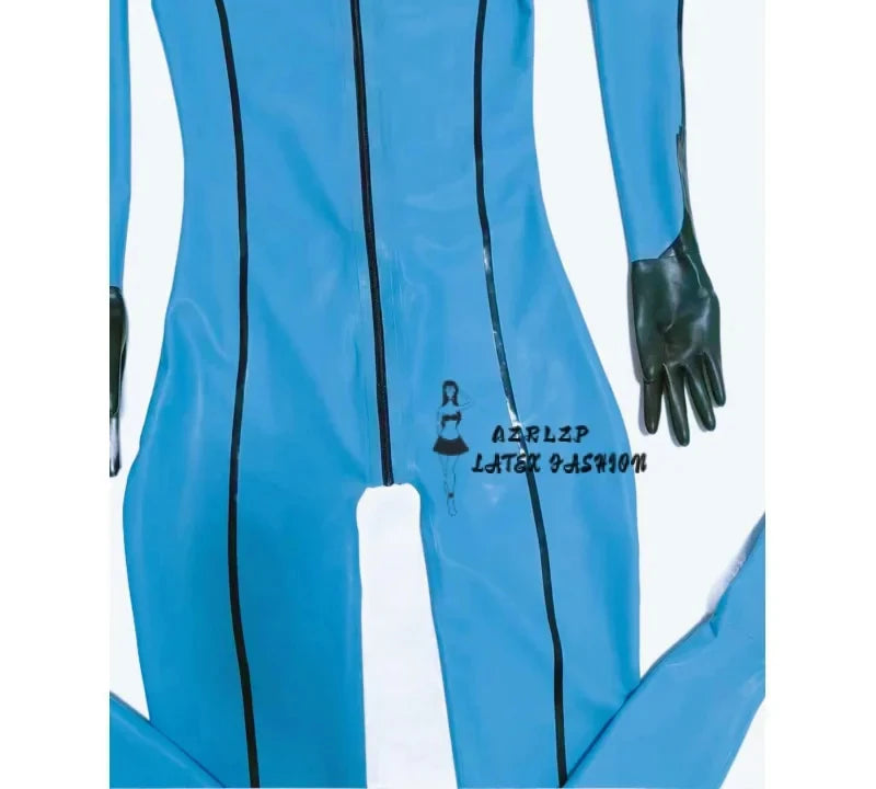 Sexy Latex Suit Rubber Full-Body Catsuit Suit Light Blue Hood Catsuit Female Zentai