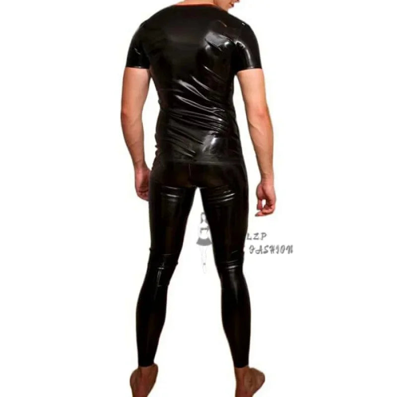 Sexy Black Short Sleeve Men's Neck Entry Latex Rubber Catsuit Feitsh Customize