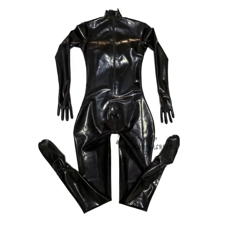 Black Latex Catsuit Rubber Gummi Leotard 3D chest with Two-Way Back Zipper Through Crotch Suitable for men and women