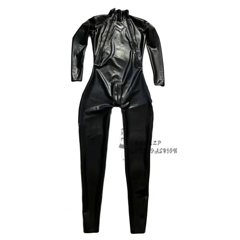 Natural Latex Male Shoulder-Zip Catsuit Doubleiagonal Zipper Rubber Bodysuits Cosplay