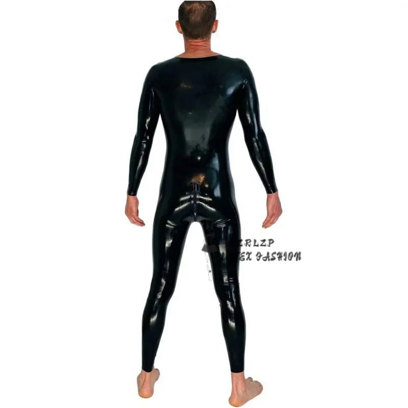 Handmade Black Men's Neck Entry Latex Catsuit with Crotch Zipper Rubber Gummi Bodysuit