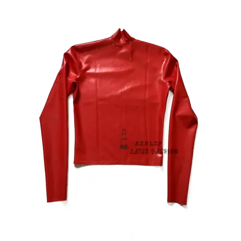 Red Latex Men Long Sleeves T-Shirt Soft Clothes Male Fetish Costume Classic Handmade Tops Rubber Shirt