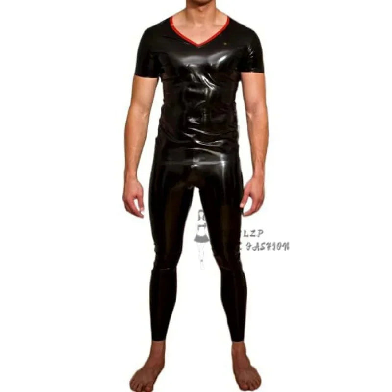 Sexy Black Short Sleeve Men's Neck Entry Latex Rubber Catsuit Feitsh Customize