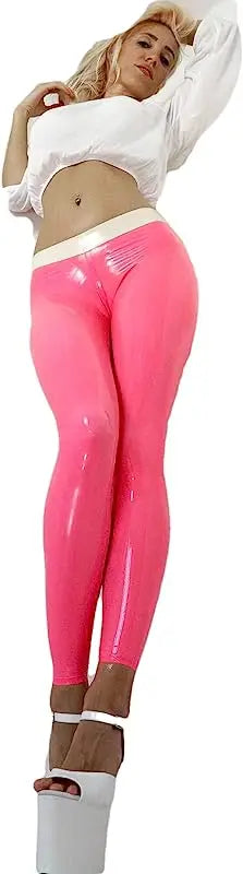 Latex Leggings Rubber Baby Pink Women's Latex Leggings Skinny Trousers White Trim