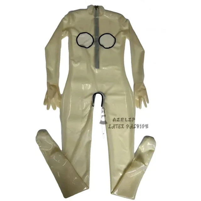 Woman Rubber Latex Catsuit With Breast Hole And Crotch Hole Attached Socks And Gloves Bodysuit