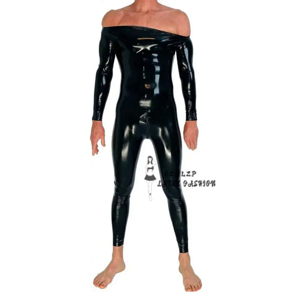 Handmade Black Men's Neck Entry Latex Catsuit with Crotch Zipper Rubber Gummi Bodysuit