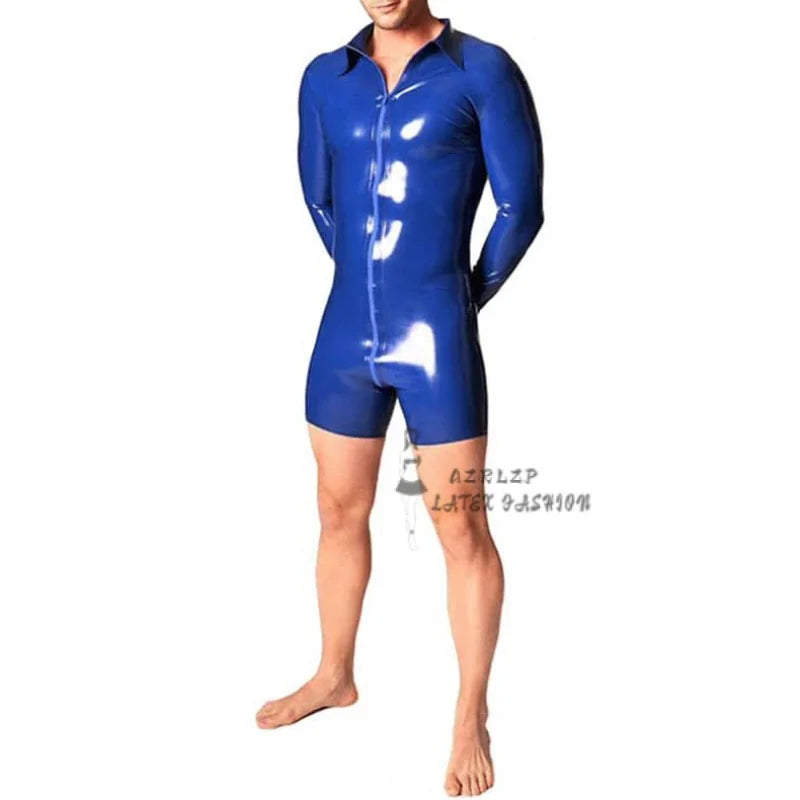 Men Dark Blue Latex Tight Catsuit Long Sleeves Rubber Bodysuit Leotard Fetish Jumpsuit Plus Size