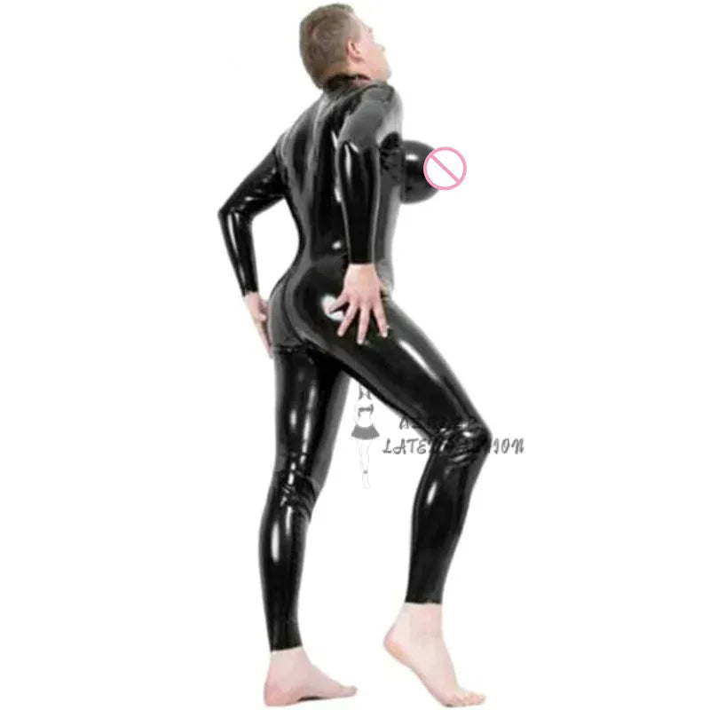 Handmade Black Men's Latex Rubber Catsuit Inflatable Breast with Back Crotch Zipper