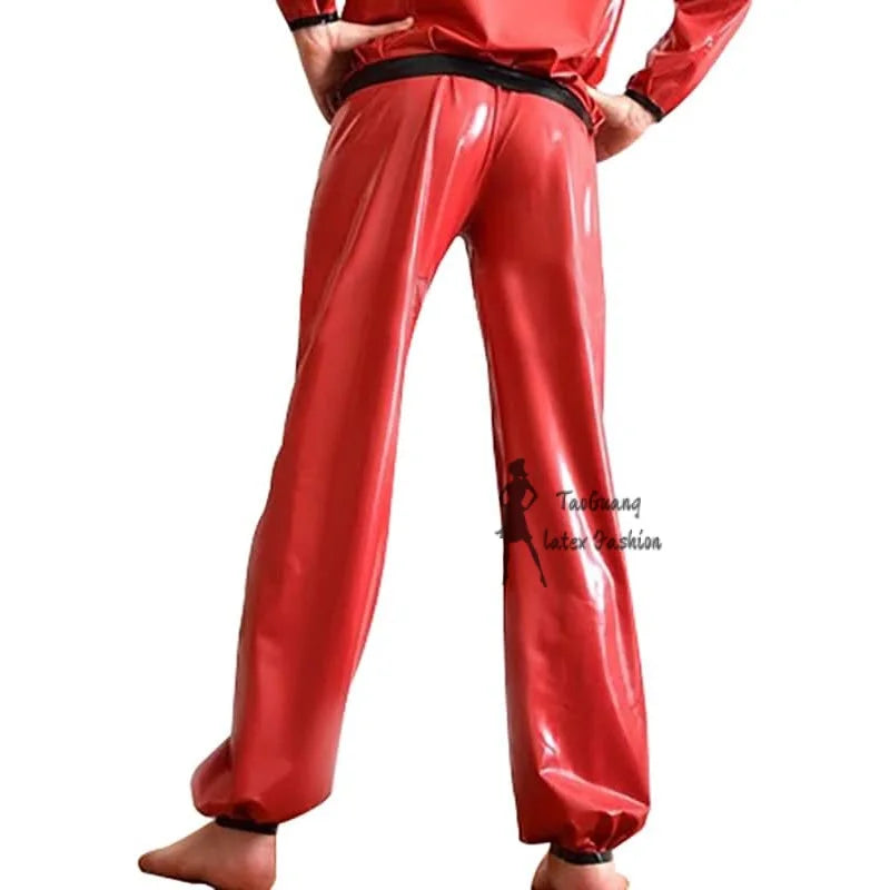 Red and Black Sexy Latex Pajamas Pants with Buttons Front Rubber Trousers Bottoms