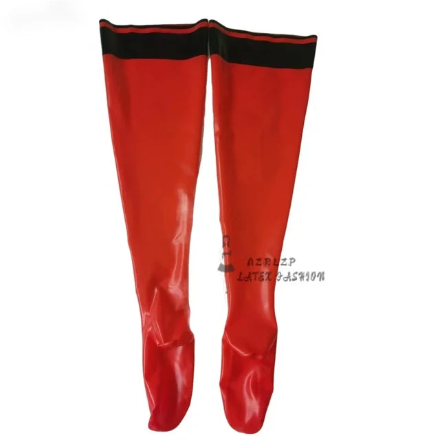 Red and Black Trims On Top Sexy Long Latex Rubber Thigh High Stockings