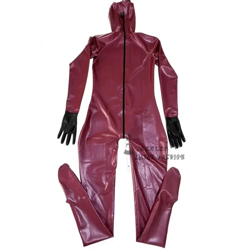 Latex Catsuit Bodysuit Full Cover Latex Suit With  Hood Glooves Socks Cat'S Ears Face Shield