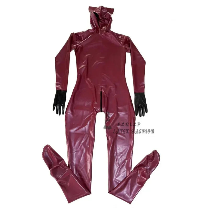 Latex Catsuit Bodysuit Full Cover Latex Suit With  Hood Glooves Socks Cat'S Ears Face Shield