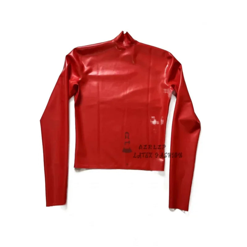 Red Latex Men Long Sleeves T-Shirt Soft Clothes Male Fetish Costume Classic Handmade Tops Rubber Shirt