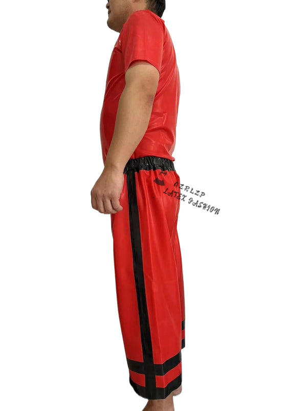 Latex Uniform Men Black Red Short Slevees Top and Medium Long Shorts Suit 0.4mm