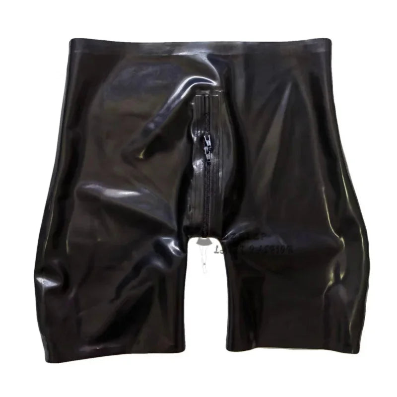 Handmade Men Rubber Trousers Latex Shorts for Men with 2 Way Crotch Zippers