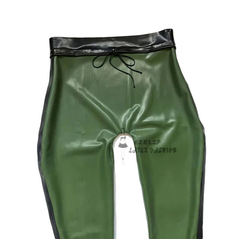 Green And Black Trims Sexy Latex Leggings With Stripes Lacing At Front Long Rubber Pants Trousers Bottoms