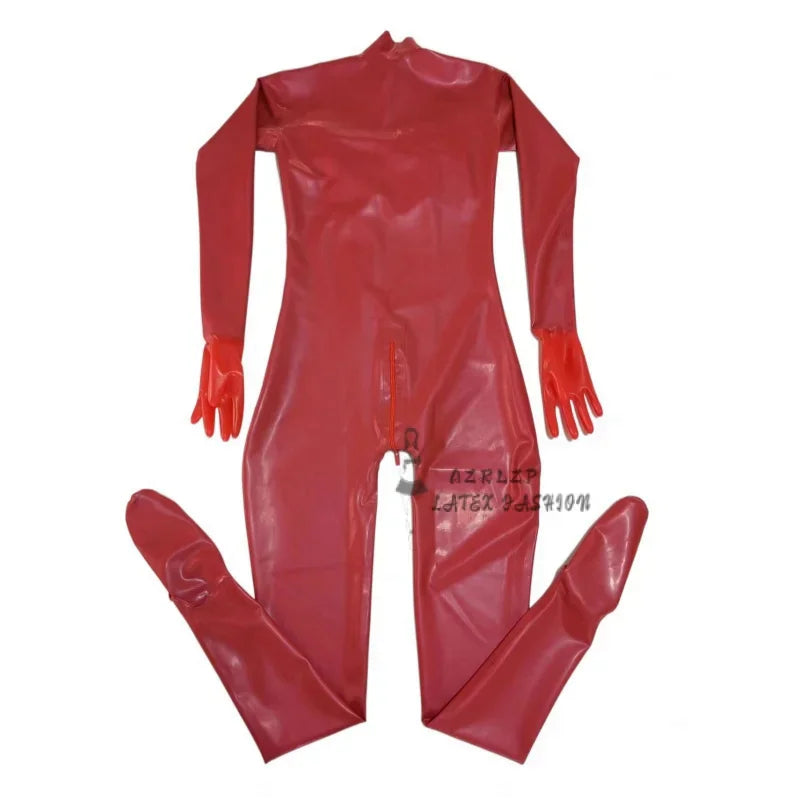 Sexy Men's Latex Full Body Bodysuit Rubber Bodysuit with Hood Silicone Chest Crossdresser with Crotch Zipper 0.4mm