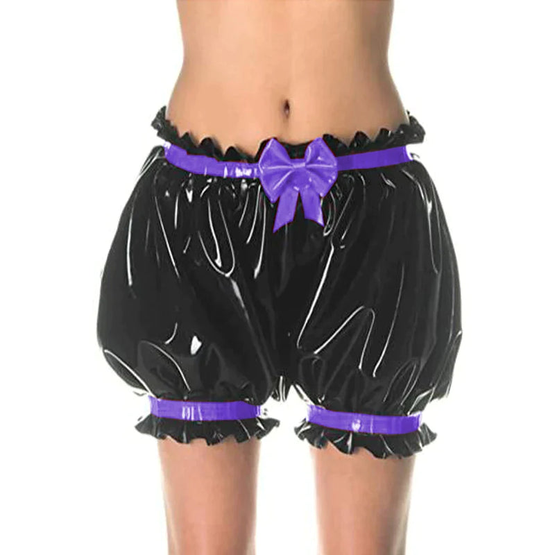 Latex Lolita Shorts Pants Ruffles Bowknot Shorts Nightwear Elastic Waistband Rubber Bloomers