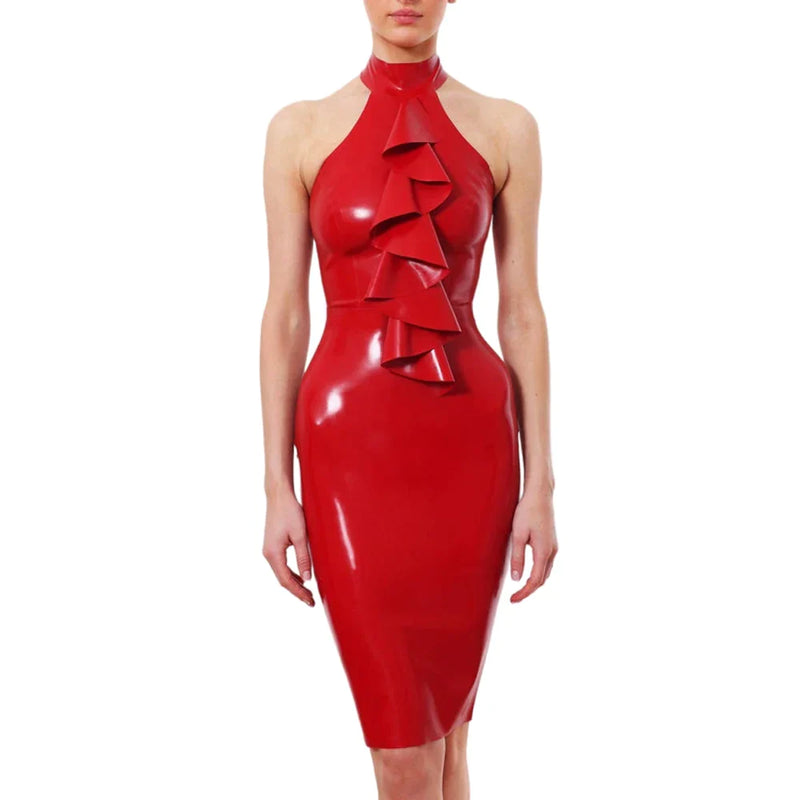 Latex Rubber Casual Dress Sexy Halter Sleeveless Ruffles Bodycon Dress Sheath Knee-Length Dress Vestidos