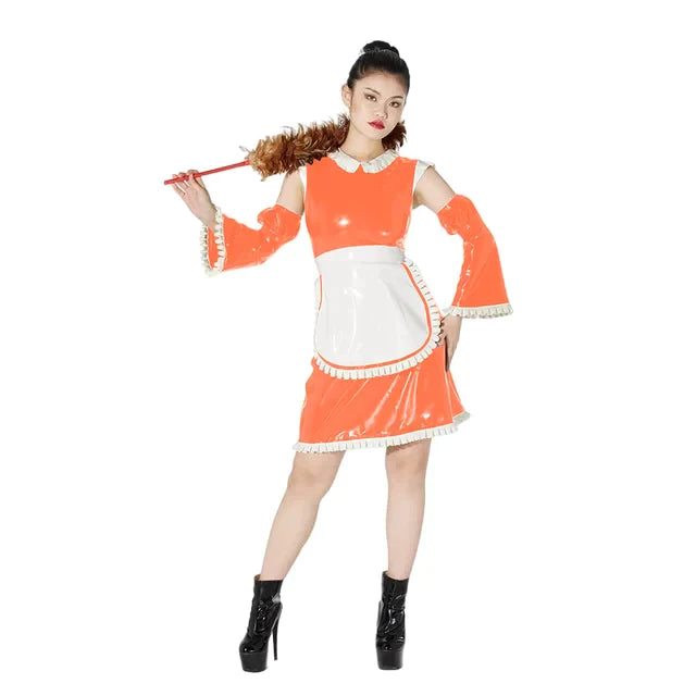 100% Latex Rubber Ruffle Doll Collar Dress Sexy Maid Dress With Apron Puff Half Flare Sleeves Cosplay Uniform