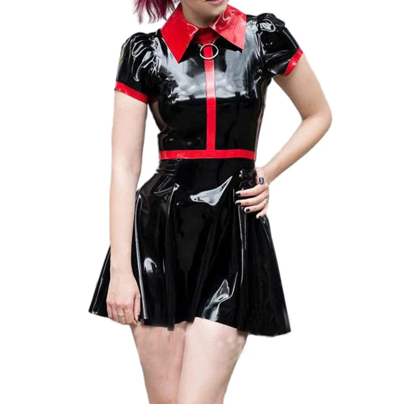 Women Slim Fit A-Line Dress  Latex Short Sleeve Mini Dress Party Clubwear