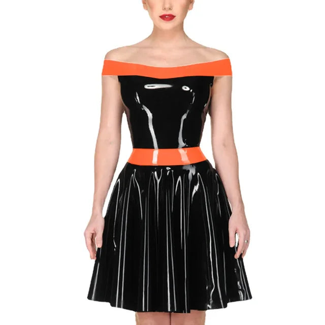 Latex Rubber Women Slash Neck Mini Dress Slim Pleated Strapless Sexy Ladies Dress