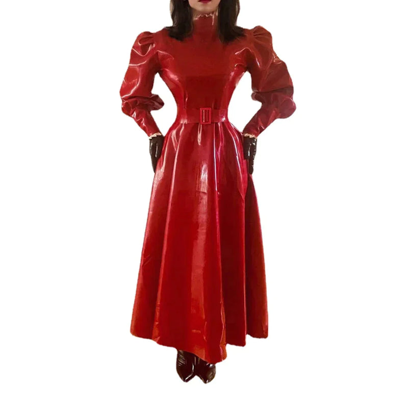 100% Latex High Collar Full Sleeve Puff Sleeve Dress Rubber Long Dress With Belt