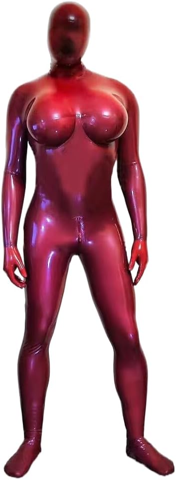 Sexy Men Latex Full Body Catsuit Rubber Bodysuits Hood Fake Breast Pocket Crossdress with Crotch Zipper