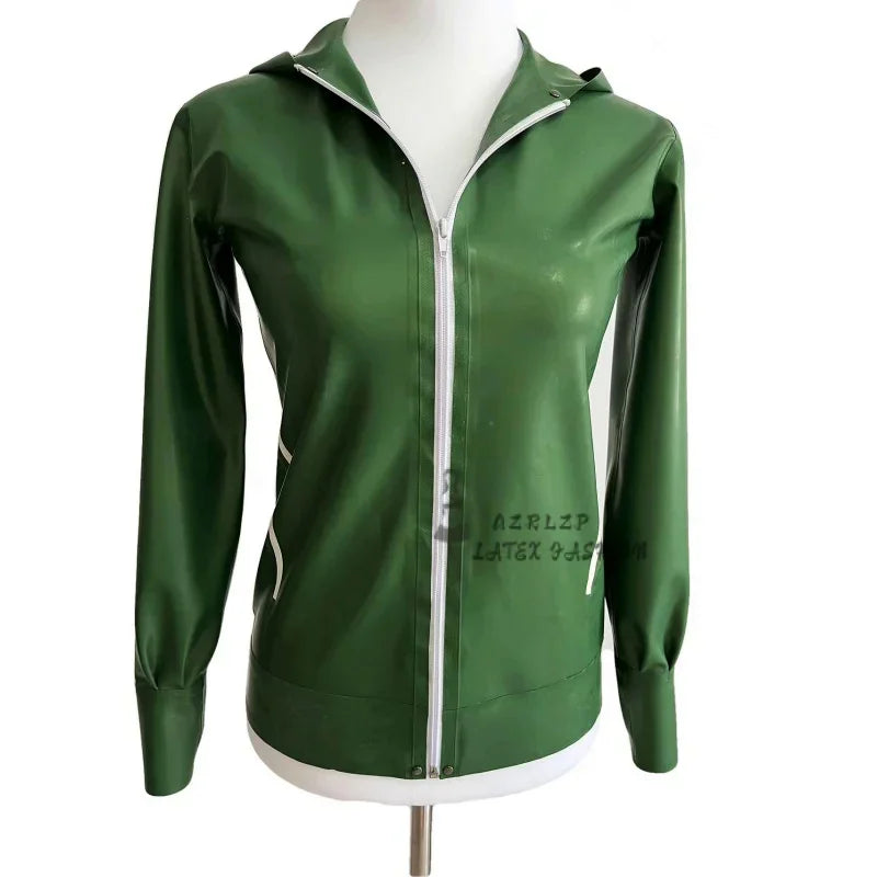 Men ArmyGreen Latex long Sleeves T-Shirt Male Fetish Costume Handmade Tops Rubber Shirt