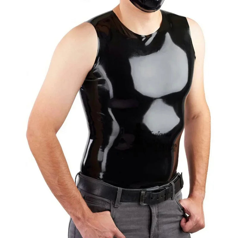 Black Latex Men Vest Top Classic Shirt Crew Neck Sleeveless Costume Male Tops Rubber O-Neck Vest