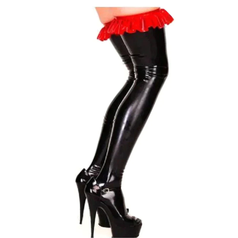 Women Sexy latex rubber High Thigh Stockings Red Ruffled Tights Pantyhose Socks Party Club Lingerie Fetish