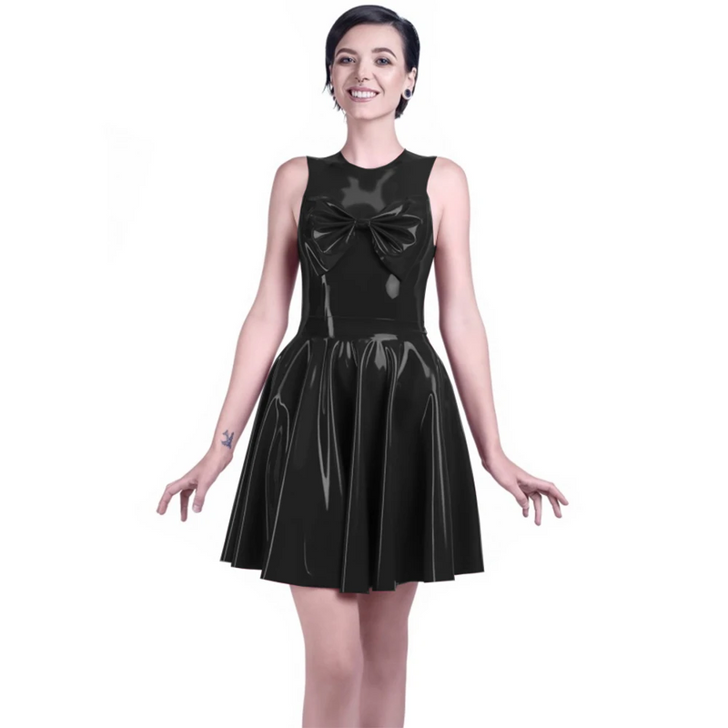 Sexy Latex Rubber Womens Dress Pvc Sleeveless A Line Dress With Big Bow  Latex Bodycon