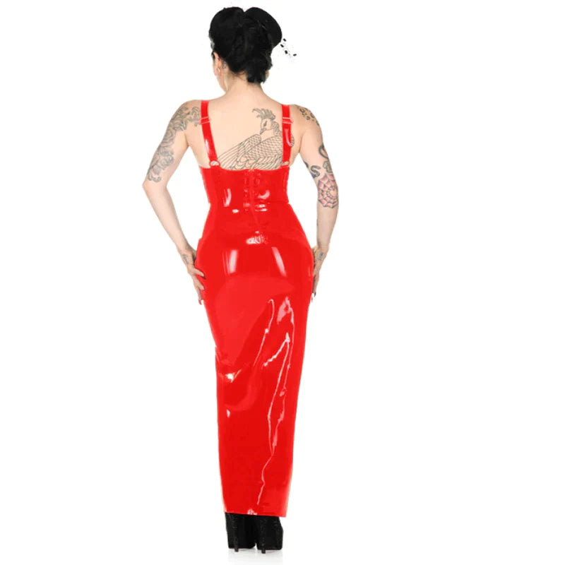 Sexy Latex Rubber Strap Bandage Midi Dress Backless One Side Split Sling Dress Sleeveless Bodycon Dress