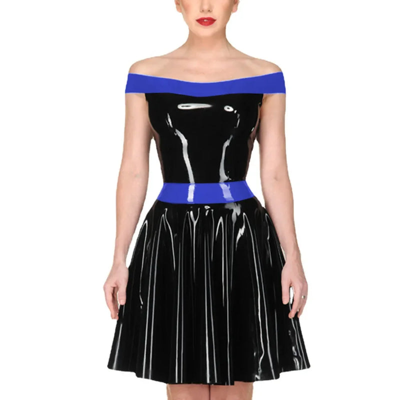 Latex Rubber Women Slash Neck Mini Dress Slim Pleated Strapless Sexy Ladies Dress