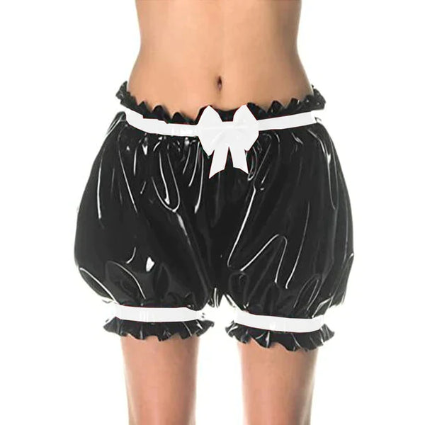 Latex Lolita Shorts Pants Ruffles Bowknot Shorts Nightwear Elastic Waistband Rubber Bloomers