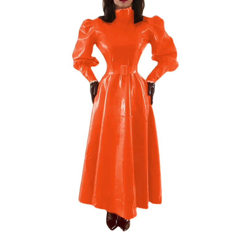 100% Latex High Collar Full Sleeve Puff Sleeve Dress Rubber Long Dress With Belt