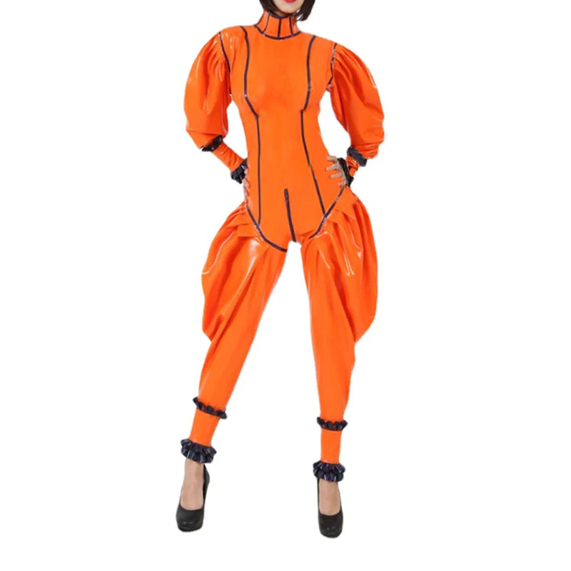 Sexy Latex Rubber Puff Sleeve Long Sleeve Jumpsuits Rompers Cosplay Trousers Catsuits For Women