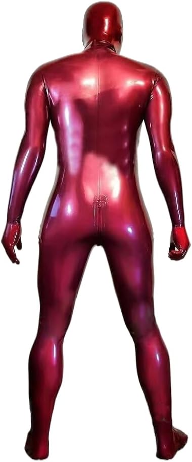 Sexy Men Latex Full Body Catsuit Rubber Bodysuits Hood Fake Breast Pocket Crossdress with Crotch Zipper