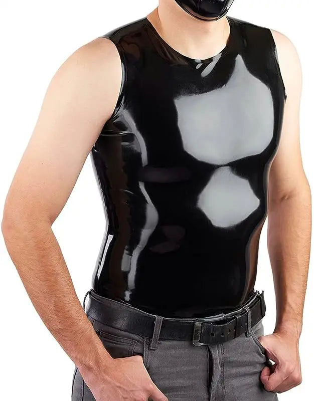 Black Latex Men Vest Top Classic Shirt Crew Neck Sleeveless Costume Male Tops Rubber O-Neck Vest