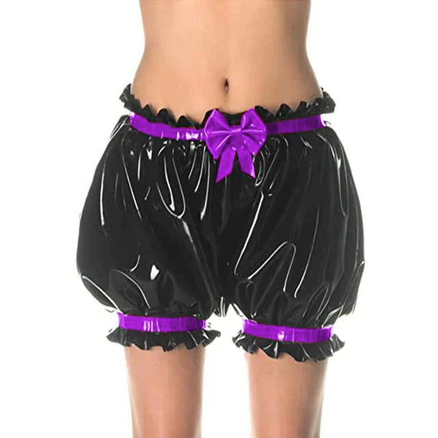 Latex Lolita Shorts Pants Ruffles Bowknot Shorts Nightwear Elastic Waistband Rubber Bloomers