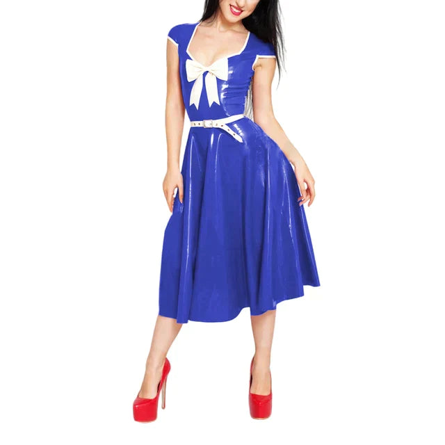 Latex Rubber Sweetheart Neck Bowknot Fit And Flared Midi Dress With Belt Short Sleeve A-Line Dress