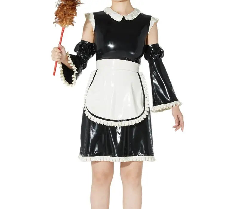 100% Latex Rubber Ruffle Doll Collar Dress Sexy Maid Dress With Apron Puff Half Flare Sleeves Cosplay Uniform