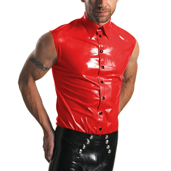 100% Latex Lapel Collar Buttons Tank T-Shirts Slim Men Tops Casual Club Sleeveless Shirt Fetish