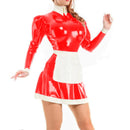 Latex Gummi Damen Turn-Down-Kleid Sexy Langarm Maid Kleid mit weißer Schürze Cosplay Kostüme Unisex