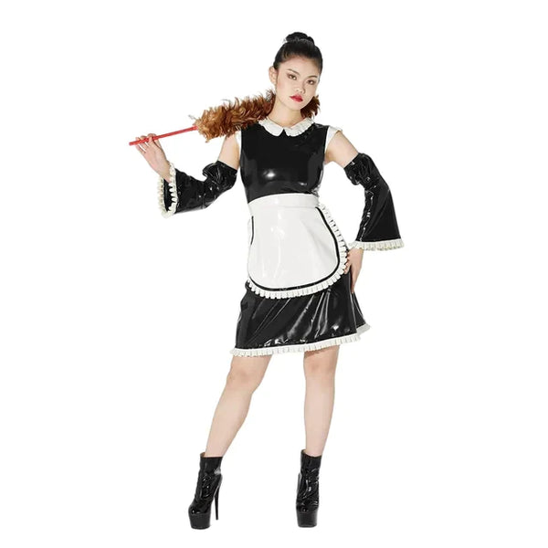 100% Latex Rubber Ruffle Doll Collar Dress Sexy Maid Dress With Apron Puff Half Flare Sleeves Cosplay Uniform